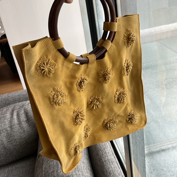 Anthropologie Pom Pom suede leather wooden handles tote, yellow - Picture 8 of 9